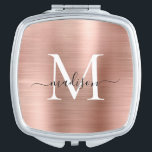Miroir De Poche Monogramme métal brossé Rose moderne or Script<br><div class="desc">Élégant Rose or brossé Monogramme métal  miroir compact</div>