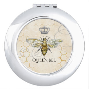 Miroir De Poche Vintage Queen Bee Royal Crown Honeycomb Beige