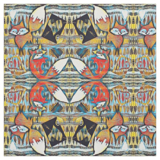 Mirrored Red Foxes en Hearts Pattern Stof (Swatch)