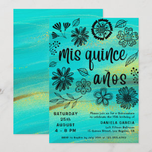 Mis Quince Años Chic Turquoise Floral Quinceañera Kaart