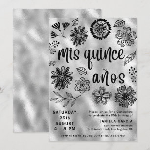 Mis Quince Años Modern Silver Floral Quinceañera Kaart
