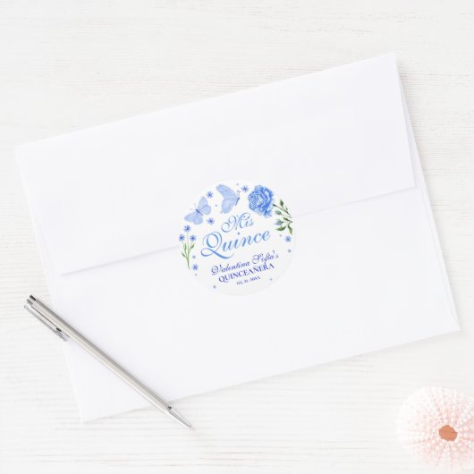 Mis Quince Baby Blauw Bloemen Quinceañera Classic Ronde Sticker (Envelop)