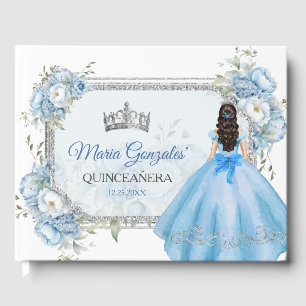 Mis Quince Blauw Bloemen Zilveren Kroon Quinceañer Gastenboek
