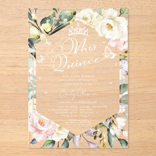 Mis Quince | Butterfly Floral Quinceañera Spaans Acryl Uitnodigingen (Voorkant)