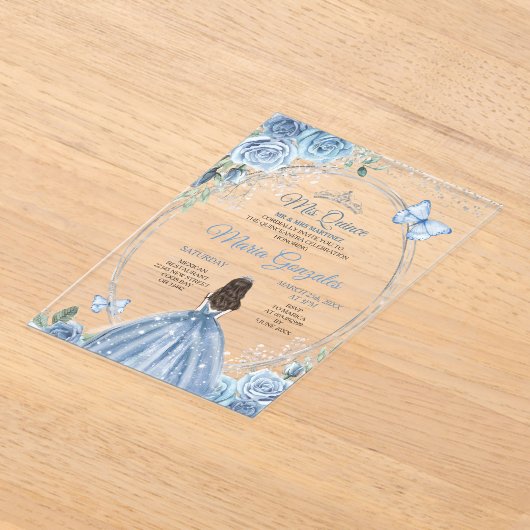 Mis Quince Dusty Blue & Zilver Bloemen Quinceañera Acryl Uitnodigingen (Laagn)