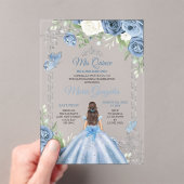 Mis Quince Dusty Blue & Zilver Bloemen Quinceañera Acryl Uitnodigingen (Insitu (Draagbaar))