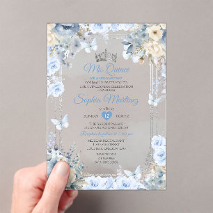 Mis Quince Dusty Blue & Zilver Bloemen Quinceañera Acryl Uitnodigingen