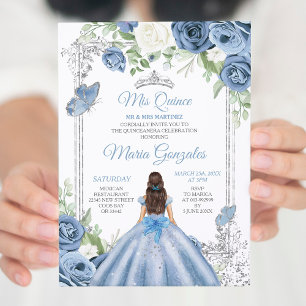 Mis Quince Dusty Blue & Zilver Bloemen Quinceañera Kaart