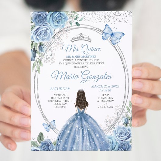 Mis Quince Dusty Blue & Zilver Bloemen Quinceañera Kaart