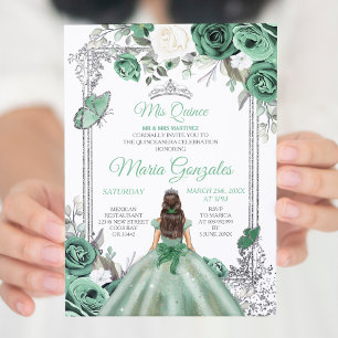 Mis Quince Dusty Green & Silver Floral Quinceanera Kaart