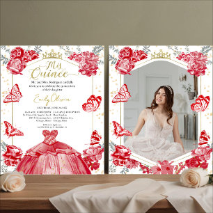 Mis Quince Foto Budget Uitnodiging Red Floral