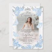 Mis Quince Fotouitnodiging Tweetalig Dusty Blue Kaart (Voorkant)