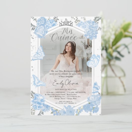 Mis Quince Fotouitnodiging Tweetalig Dusty Blue Kaart (Staand voorkant)