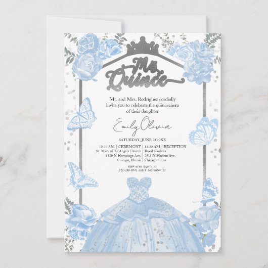 Mis Quince Invitation Bilingue Dusty Blue robe (Devant)