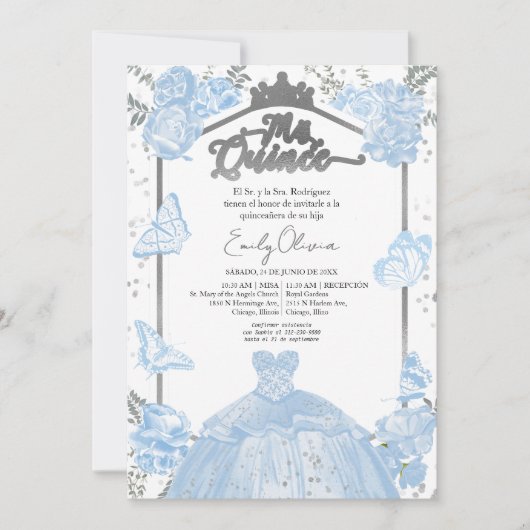 Mis Quince Invitation Espagnol Dusty Blue Robe (Devant)