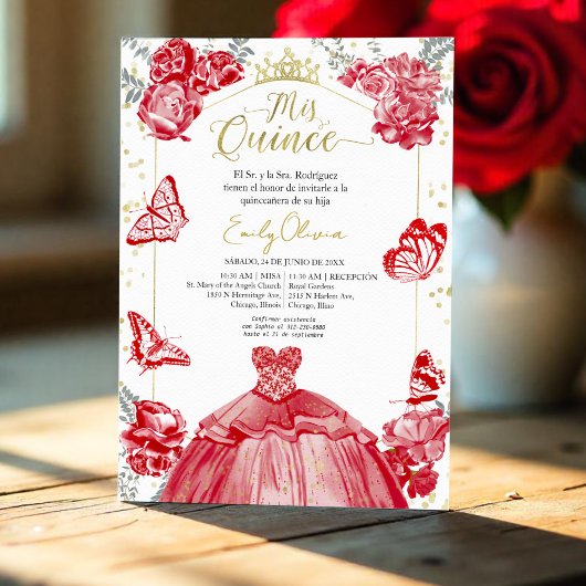 Mis Quince Invitation Espagnol Robe Rouge Floral