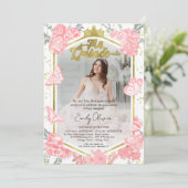 Mis Quince Invitation photo Bilingue rose floral (Debout devant)