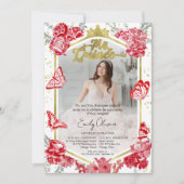 Mis Quince Invitation Photo Bilingue Rouge Floral (Devant)