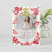 Mis Quince Invitation Photo Bilingue Rouge Floral (Debout devant)