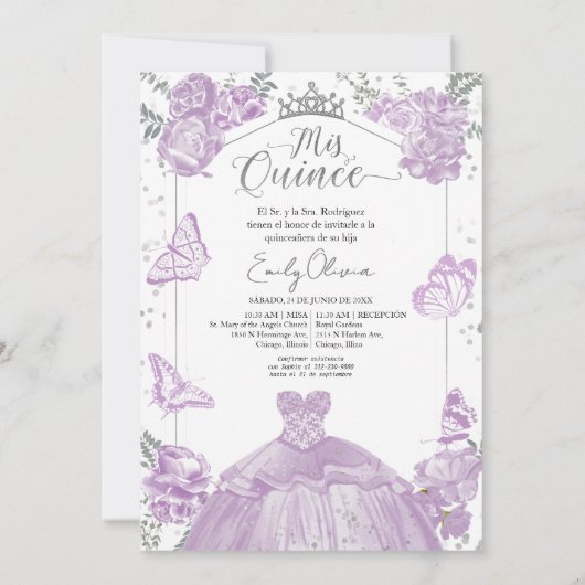 Mis Quince Invitation Robe Lavande bilingue (Dos)