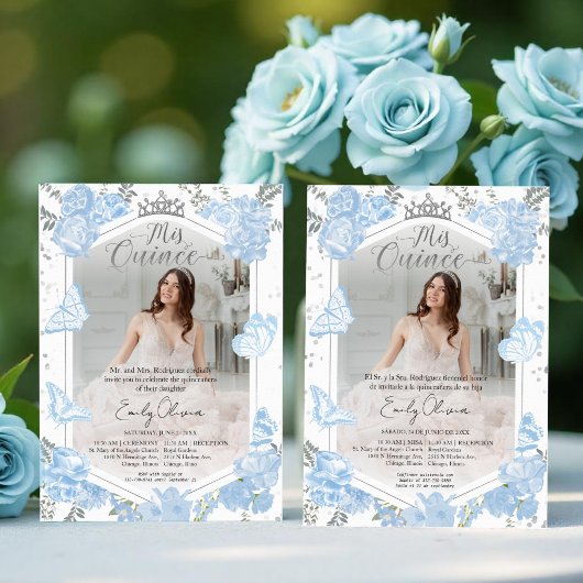 Mis Quince Photo Invitation Bilingue Dusty Blue
