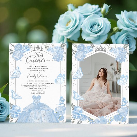 Mis Quince Photo Invitation Espagnol Dusty Blue