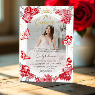 Mis Quince Photo Invitation Espagnol Rouge Floral