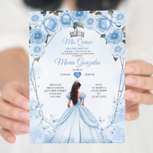 Mis Quince Poeder Blauw Bloemen Kroon Quinceañera Kaart