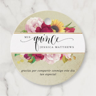 Mis Quince Rood, Goud en Geel Bloemen, Favor Tags Bedankjes Labels