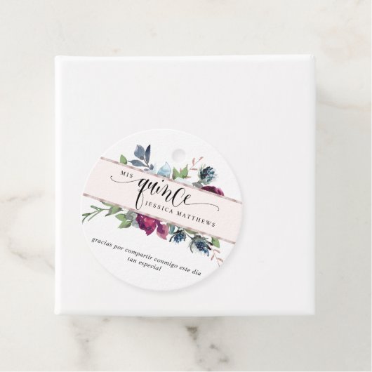 Mis Quince Roos Goudbes, Bourgogne, Blauw Bloemen Bedankjes Labels (In situ)