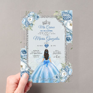 Mis Quince Stofblauw & Zilveren Bloem Quinceañera Acryl Uitnodigingen
