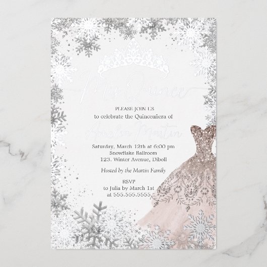Mis Quince Winter Snowflake Blush Quinceanera Folie Uitnodiging (Voorkant)