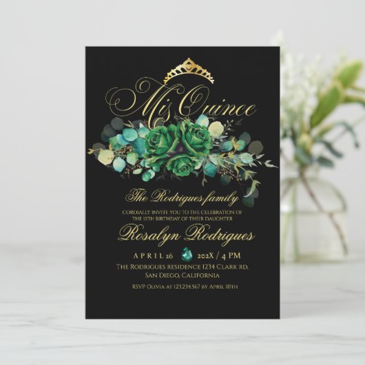 Mis Quince zwart bloemmotief groene 15e verjaardag Kaart (Staand voorkant)