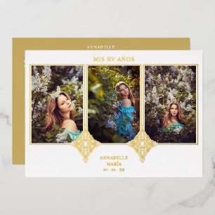 Mis XV Años Español 3 Fotos Efecto Encaje Dorado Folie Uitnodiging