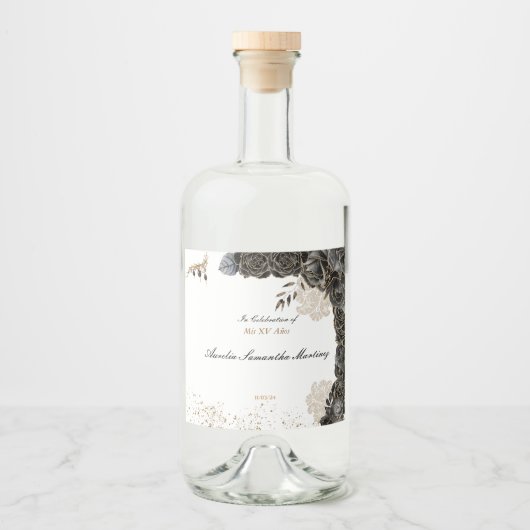 Mis XV Años Liquor Étiquette Noir et Or (Devant)