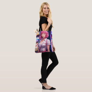 Misato Katsuragi met roze haar canvas tas