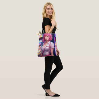 Misato Katsuragi met roze haar canvas tas