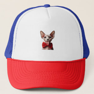 Mischievous Sphynx Cat Tongue Out with Red Bow Tie Trucker Pet