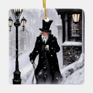 Miserly Ebenezer Scrooge Snowy Victoriaans Street Keramisch Ornament