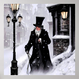 Miserly Ebenezer Scrooge Snowy Victoriaans Street Poster