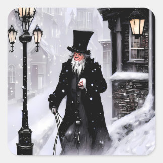 Miserly Ebenezer Scrooge Snowy Victoriaans Street Vierkante Sticker