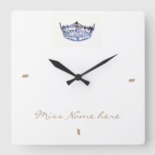 Miss America Style Blue White Crown Clock Vierkante Klok