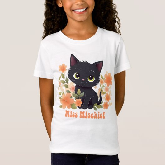 Miss Mischief Black Kat Kawaii Chibi T-shirt (Voorkant)