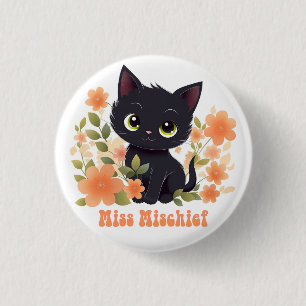 Miss Mischief Black Kitten Kawaii Chibi Ronde Button 3,2 Cm