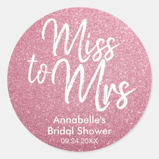 Miss naar Mrs Glam Blush Pink Glitter Vrijgezellen Ronde Sticker (Voorkant)