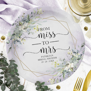 Miss naar Mrs Greenery Geometrische Bruiloftsborre Papieren Bordje