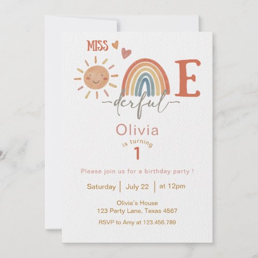 Miss ONEderful Girl 1er anniversaire Invitation (Devant)