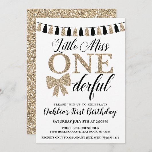 Miss Onederful Invitation d'anniversaire, noir et  (Devant / Derrière)