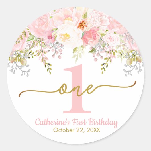 Miss Onederful Roze Roses First Birthday Ronde Sticker (Voorkant)