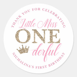 Miss Onederful Stickers, Roze en Gouden Kroon Ronde Sticker